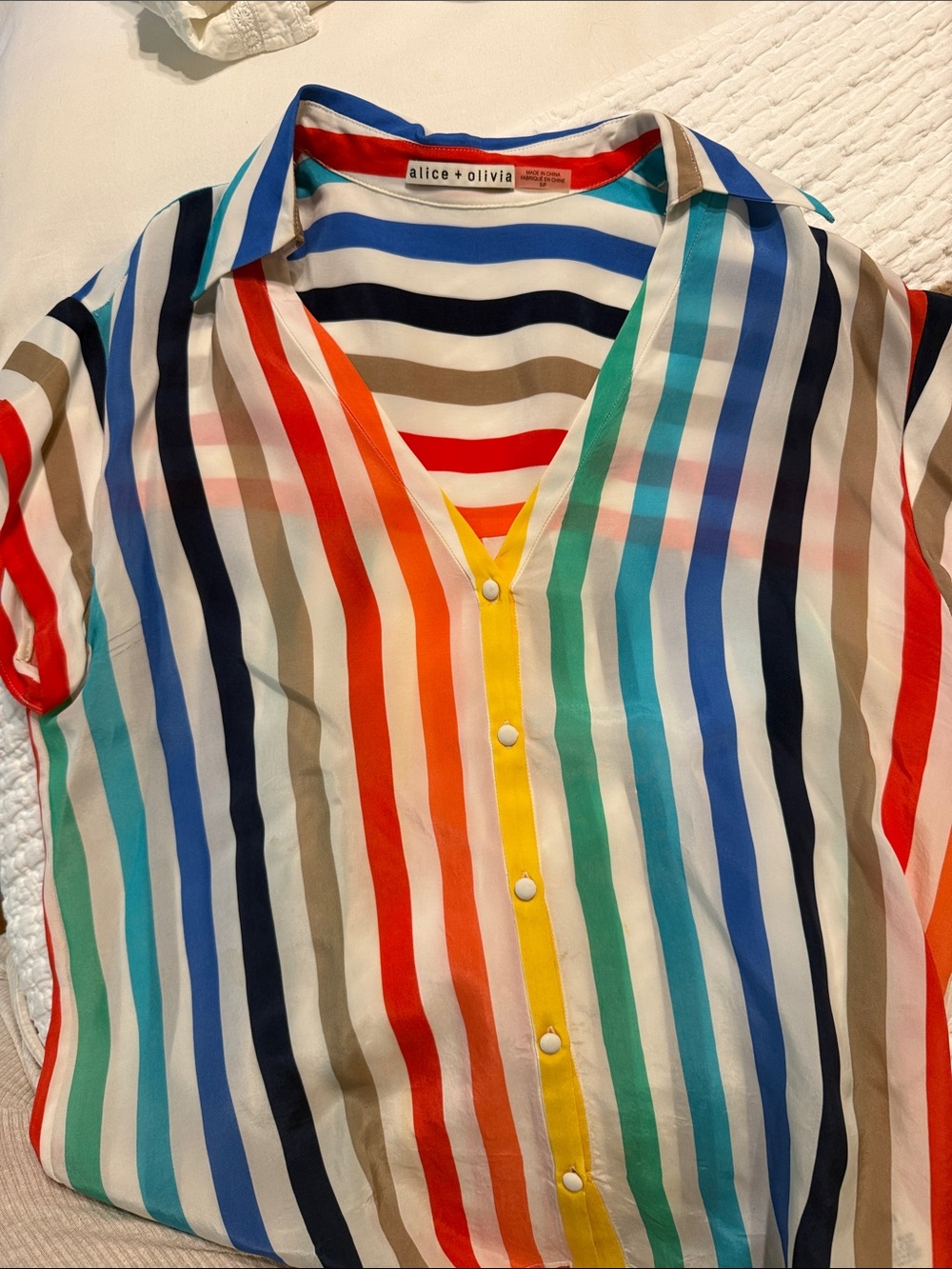 Alice + Olivia Bright Multicolor Striped V-Neck Button Blouse